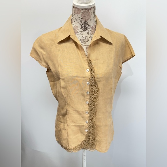 HAROLD’S Tan linen lace front‎ blouse size M. - Picture 8 of 12